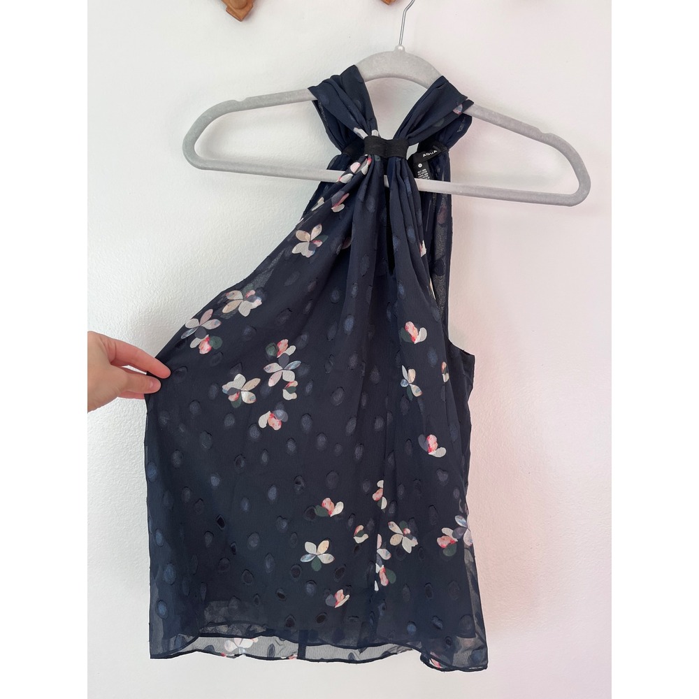 AQUA Navy Floral Print Hi Neck Zip Back Sleeveless Top Women's Size S